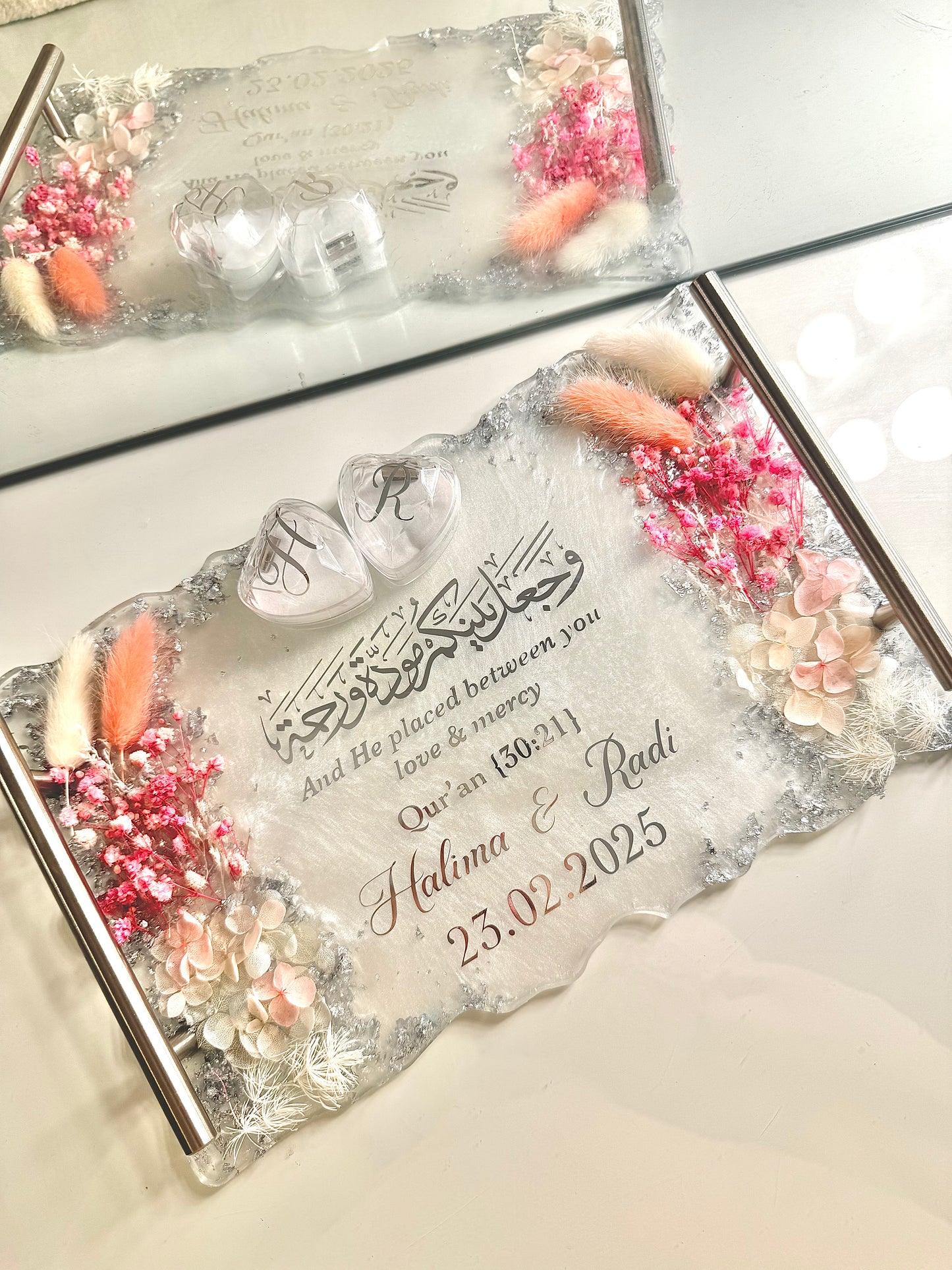 Pink and Silver flowered ring tray
