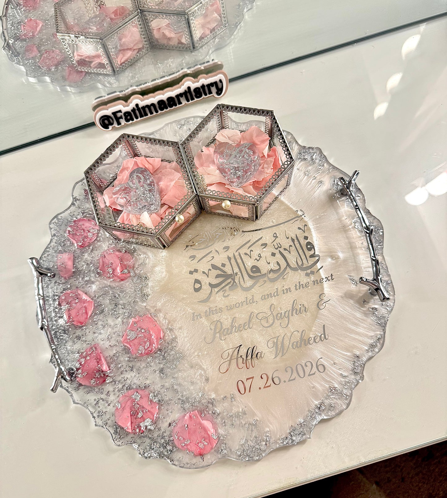 12” Baby pink petal and silver ring tray