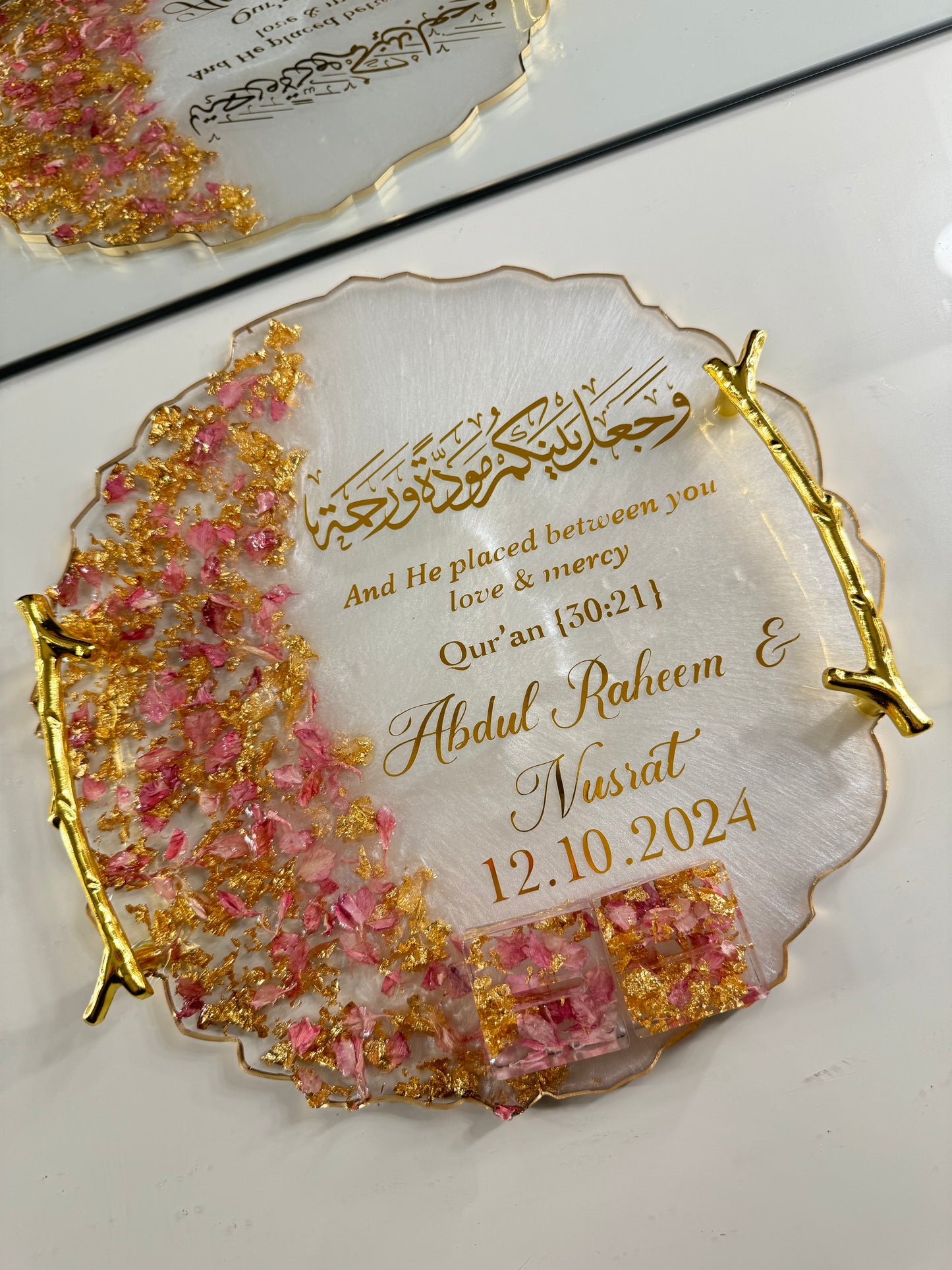 Pink petals and gold ring tray