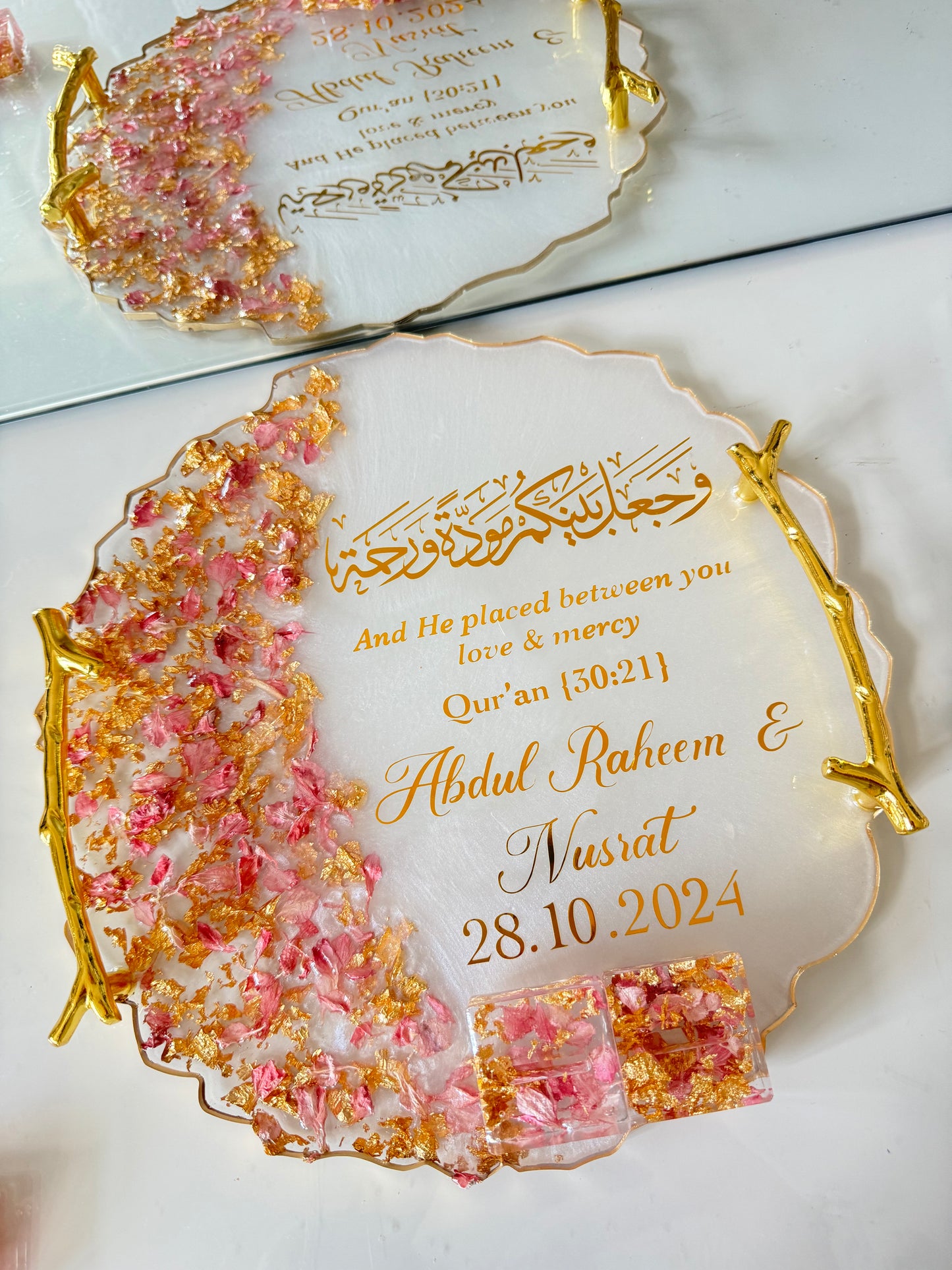 Pink petals and gold ring tray