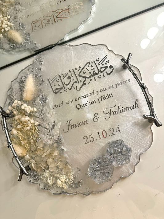 Silver and white dried flower circle ring tray