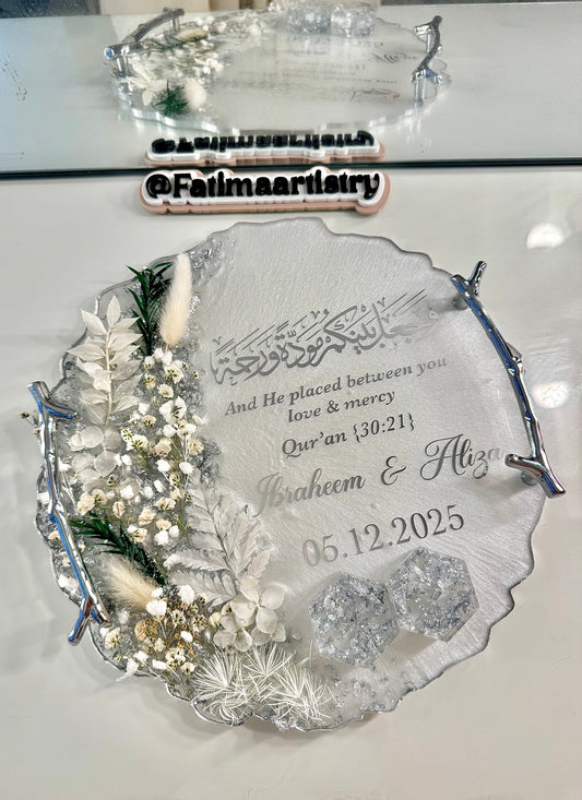 Silver and sage green dried flower circle ring tray