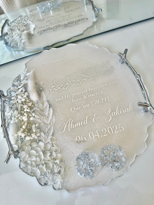 Silver and white dried flower circle ring tray
