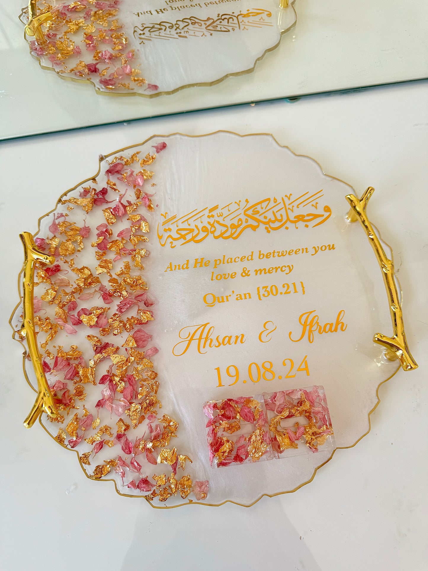 Pink petals and gold ring tray
