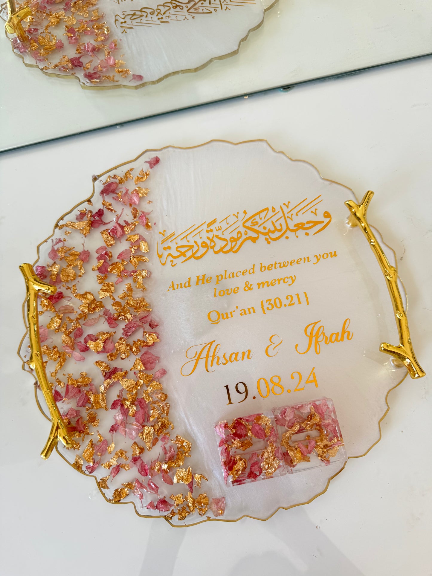 Pink petals and gold ring tray