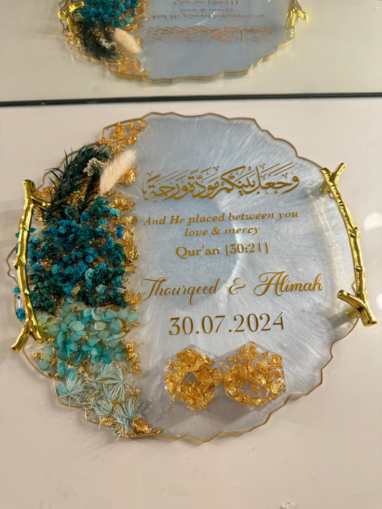 Blue and gold dried flower ring tray