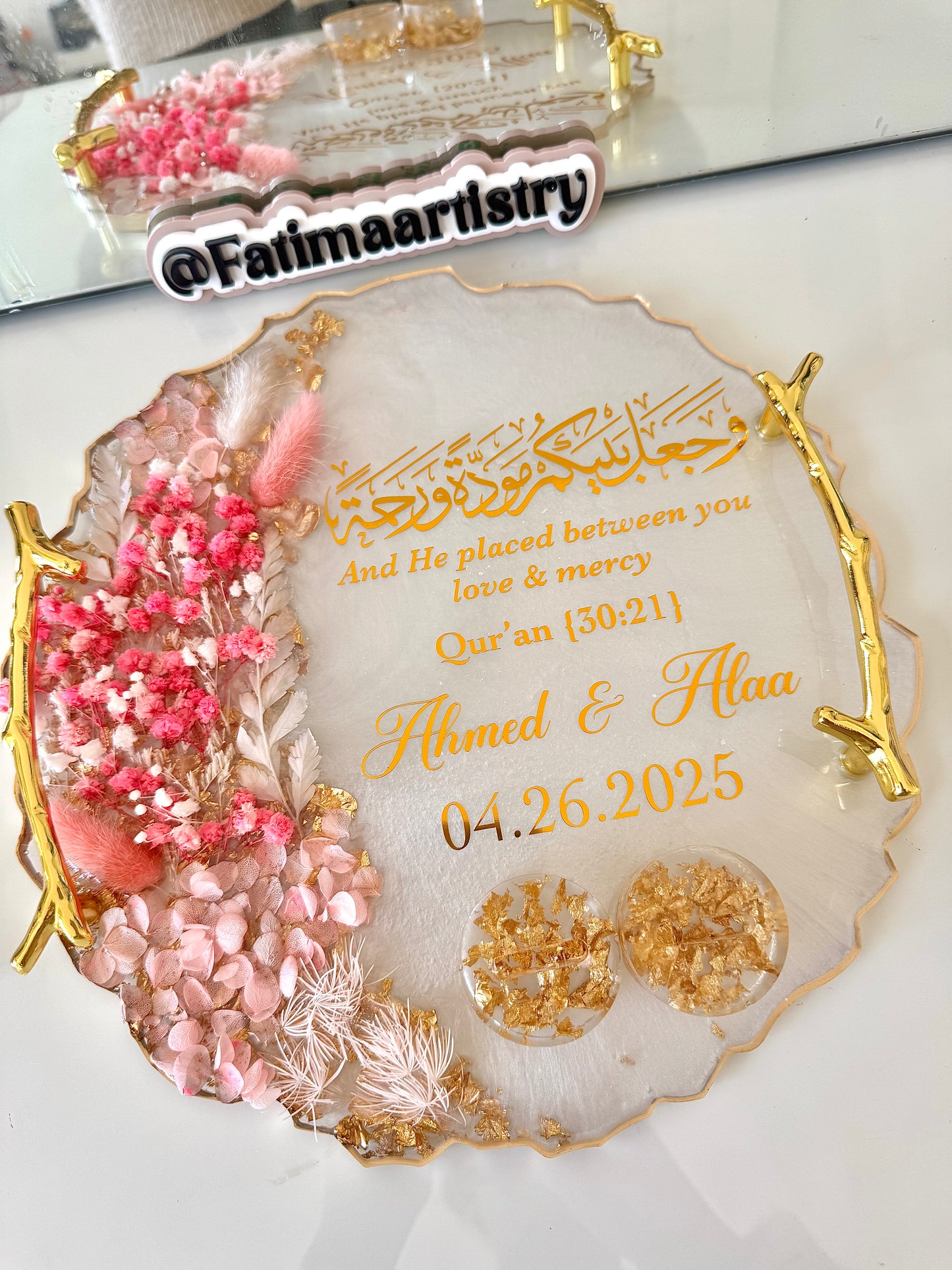 Dried pink and gold ring tray