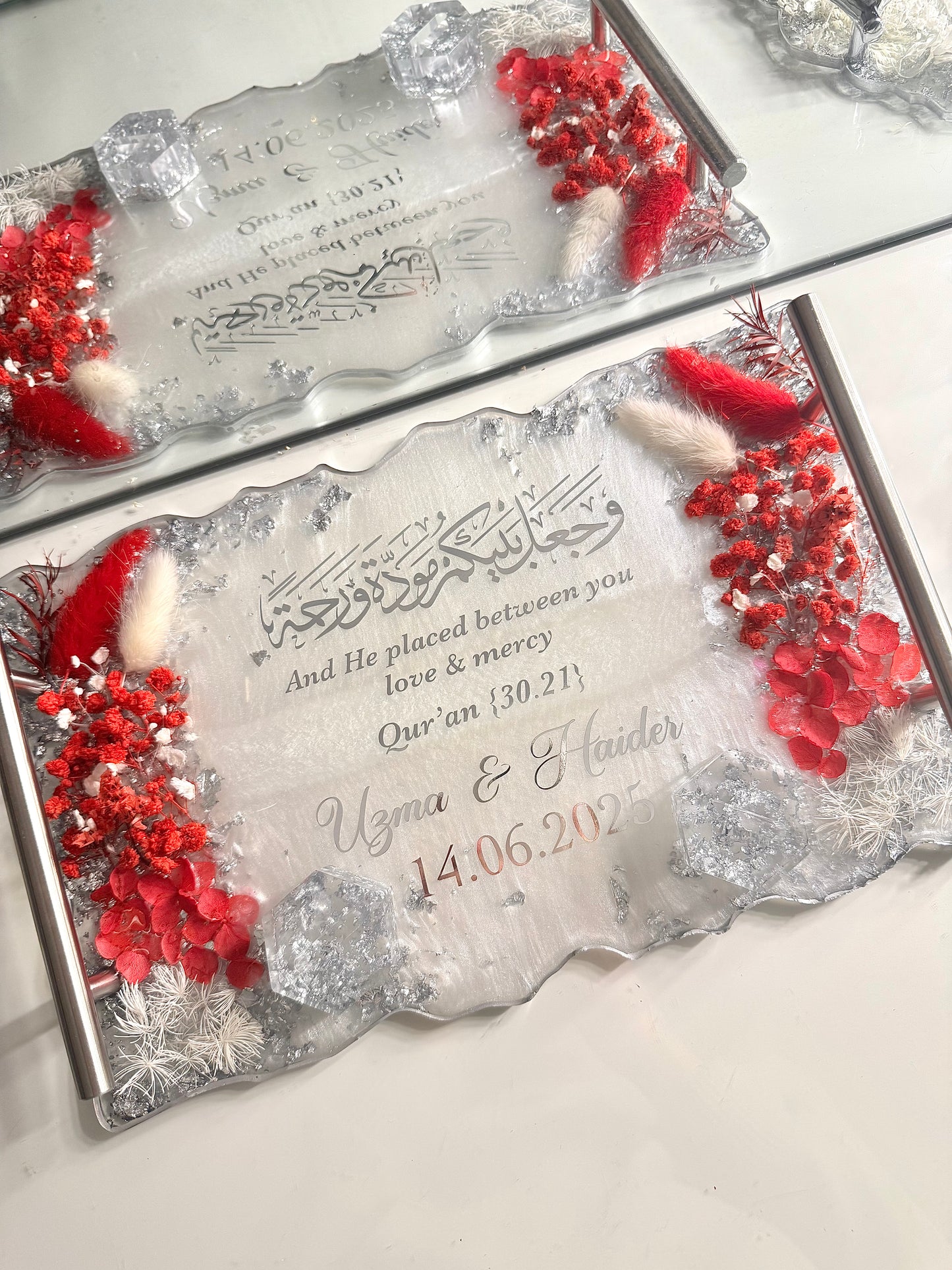 Red and Silver flowered ring tray