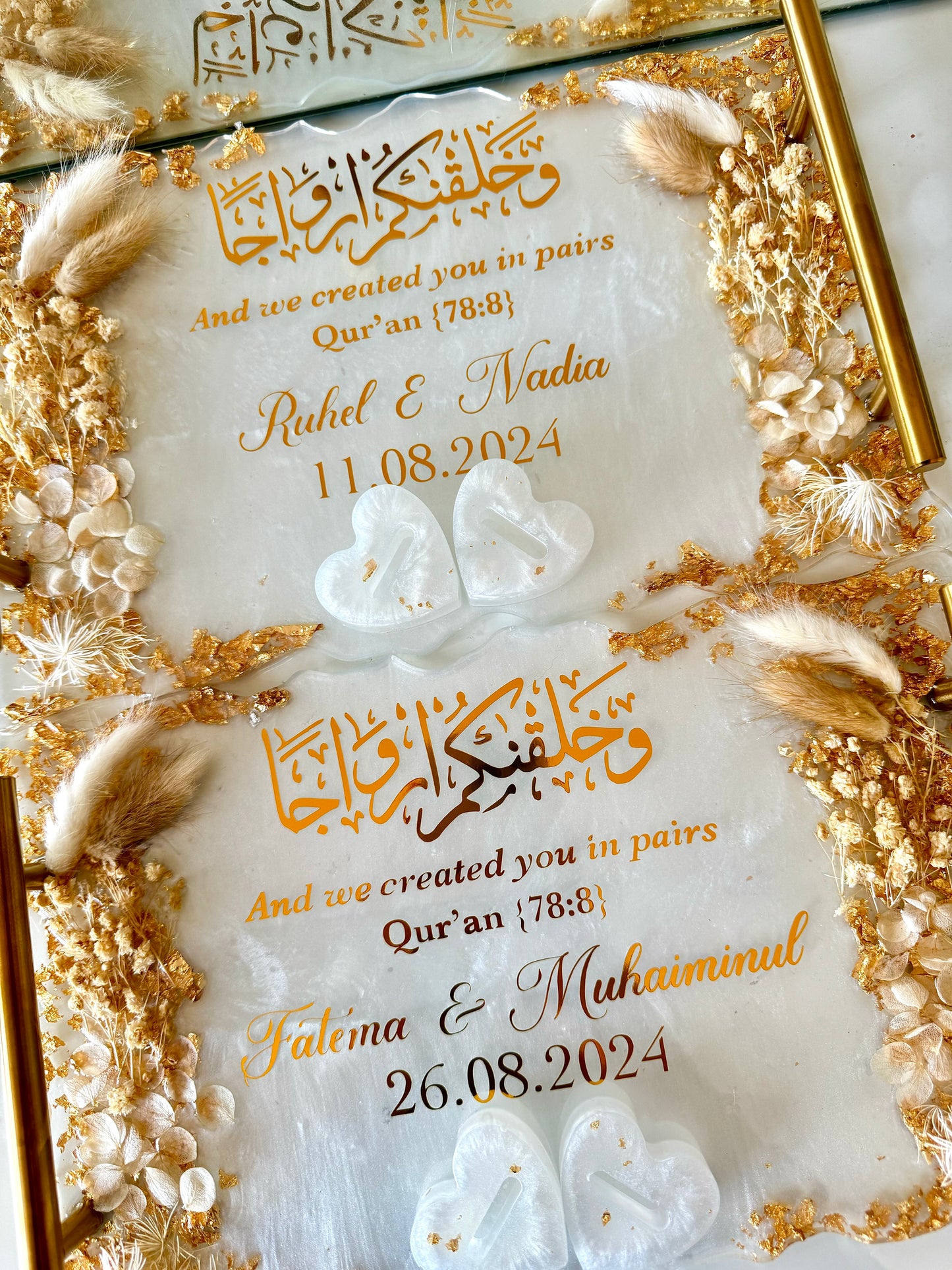 White and beige dried flowered ring tray