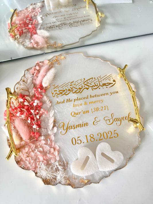 Dried pastel pink and gold ring tray