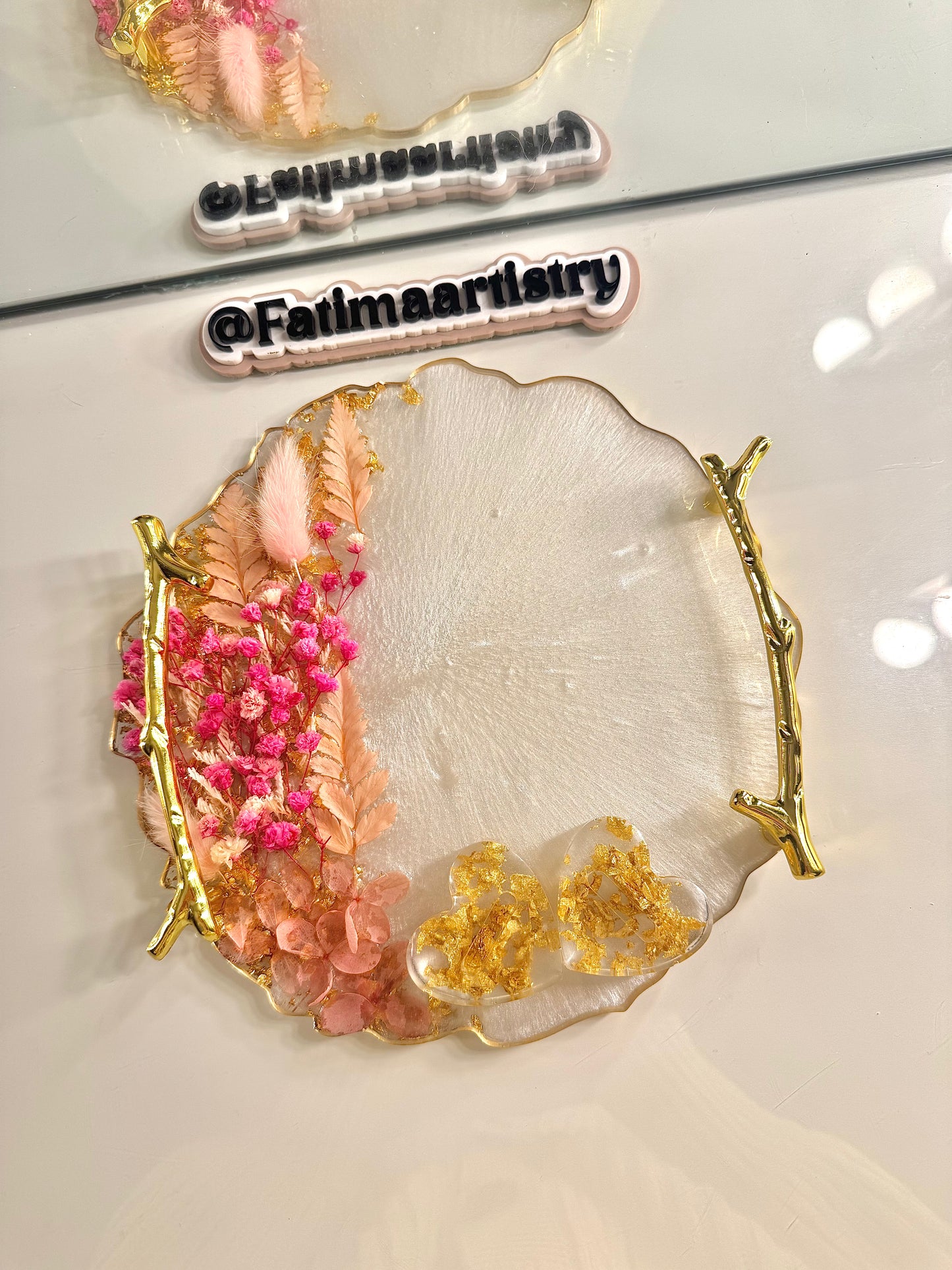 Dried pastel pink and gold ring tray 8" Inches