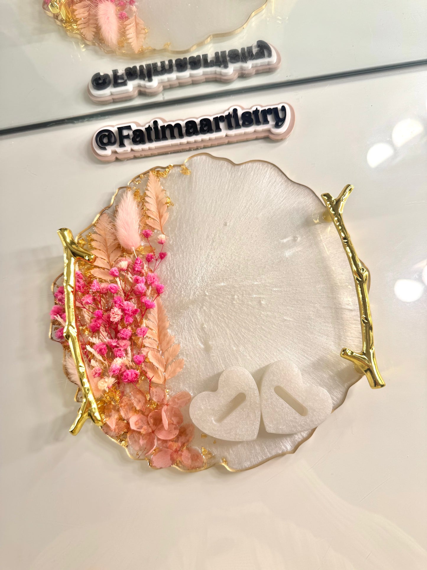 Dried pastel pink and gold ring tray 8" Inches