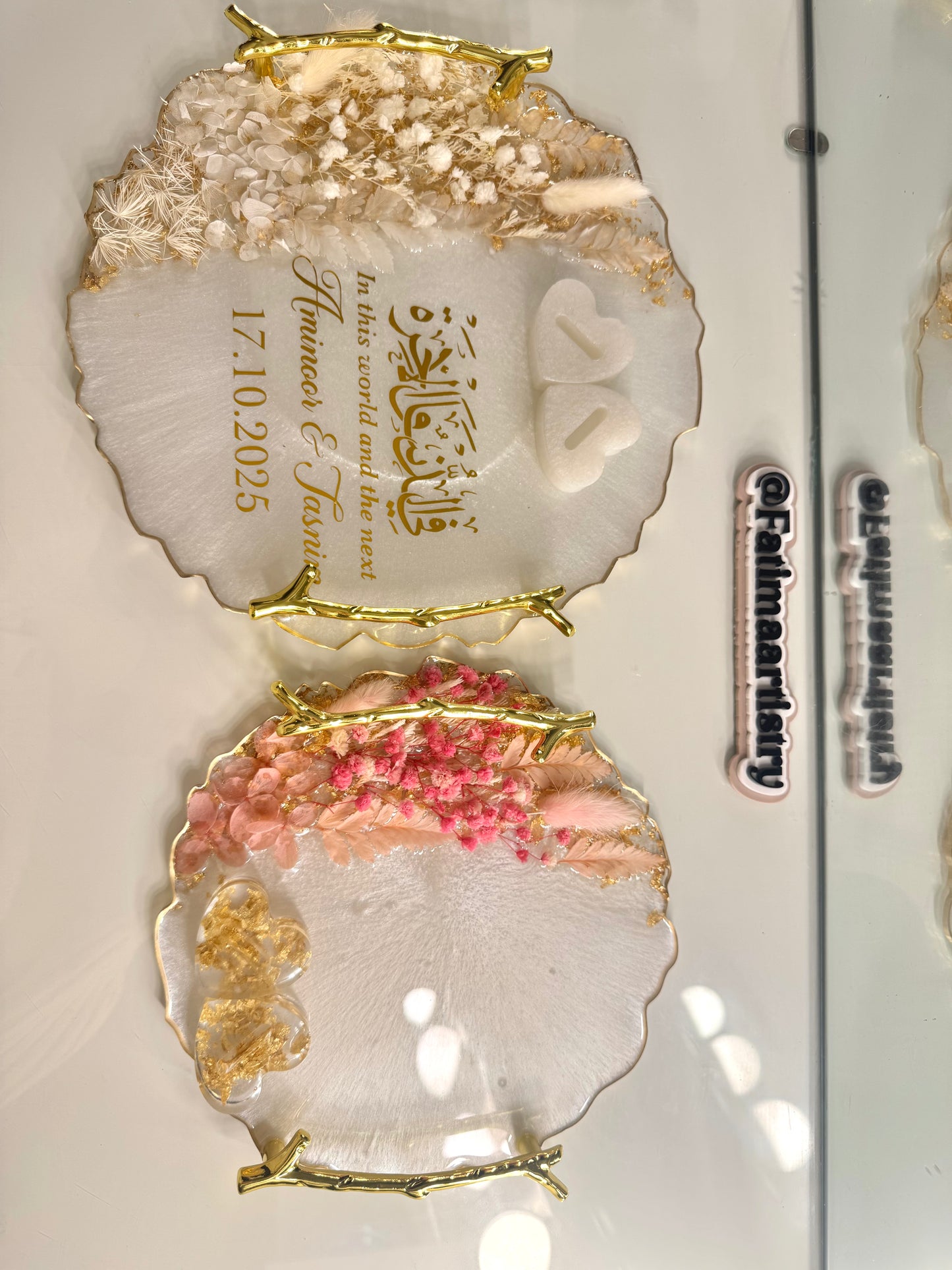 Dried pastel pink and gold ring tray 8" Inches