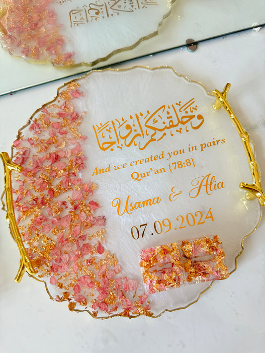 Pink petals and gold ring tray