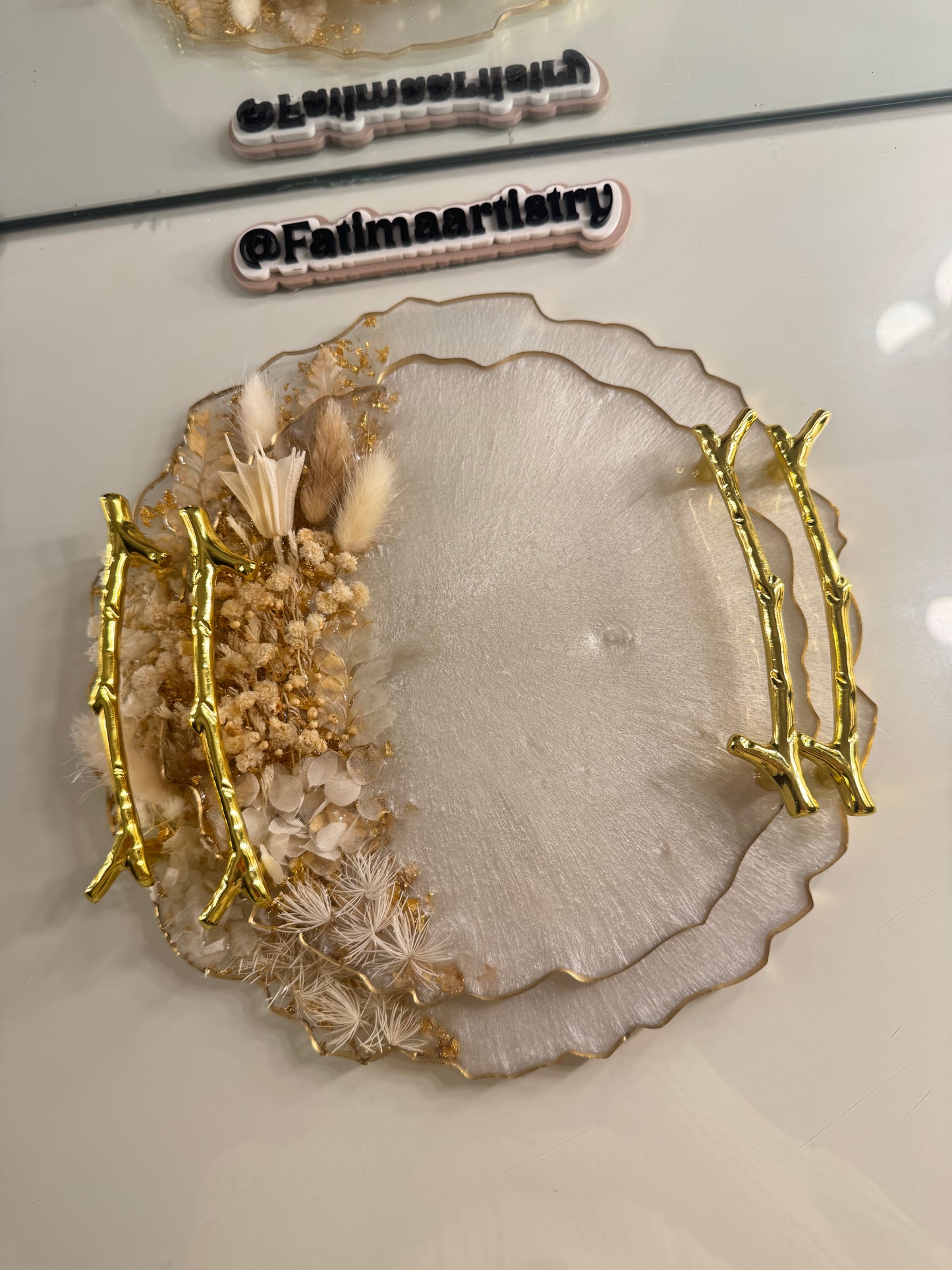 Dried white and beige petal ring tray 8" Inches
