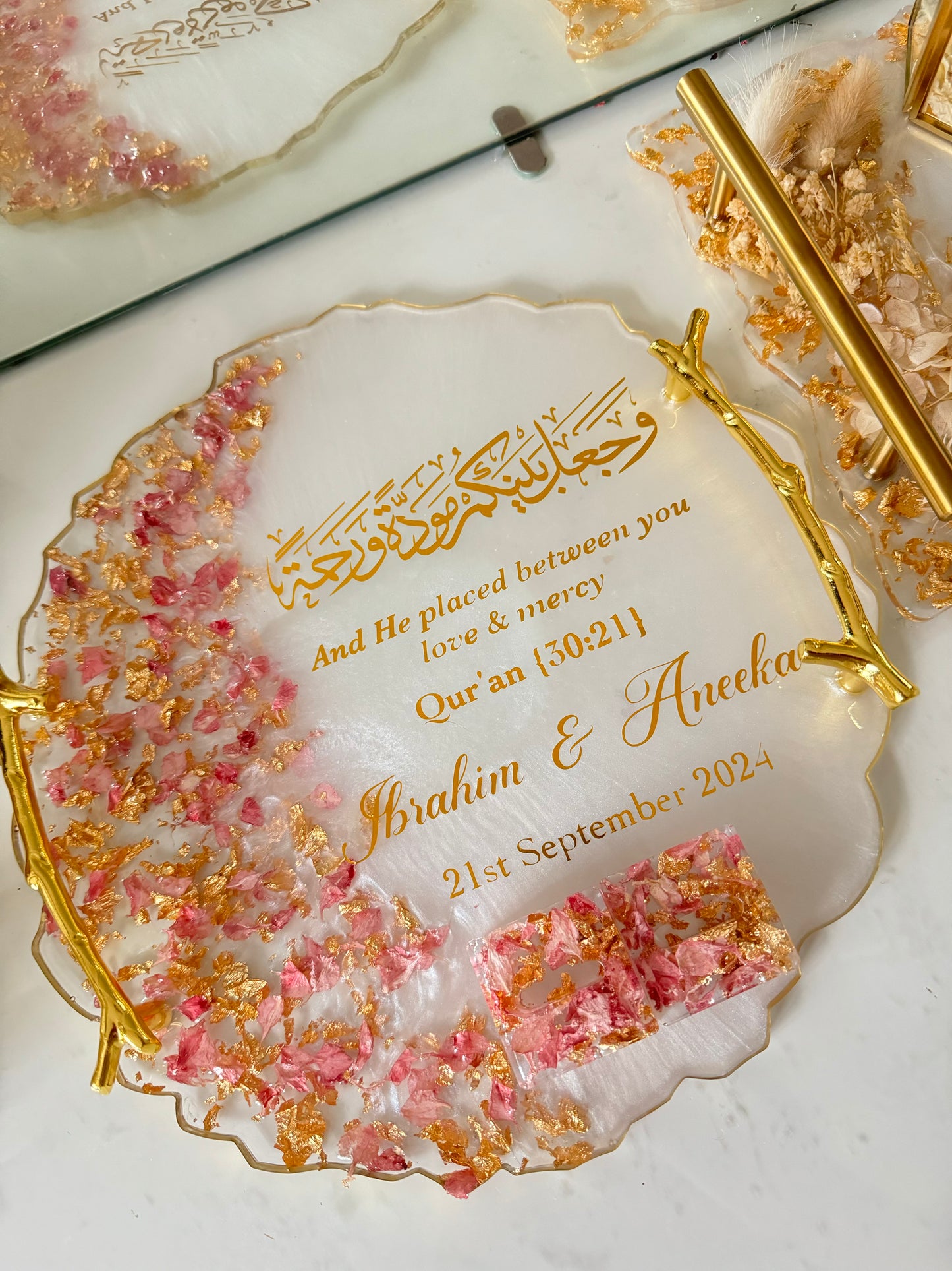 Pink petals and gold ring tray